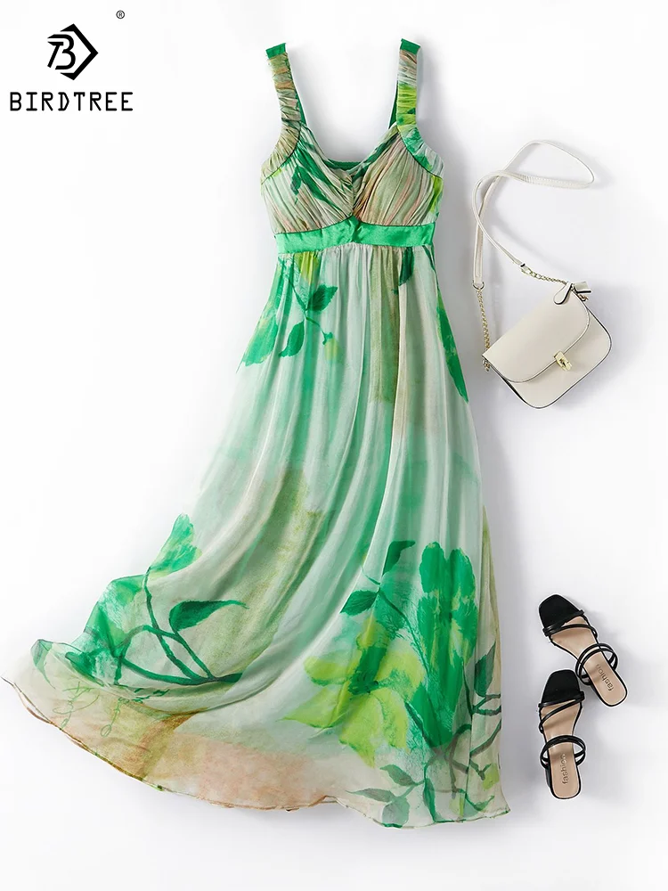 

Birdtree 100%Pure Mulberry Silk Dress Spaghetti Strap Sleeveless Boho Style Beach Vest Maxi Dresses Summer Dropshipping D36249JM