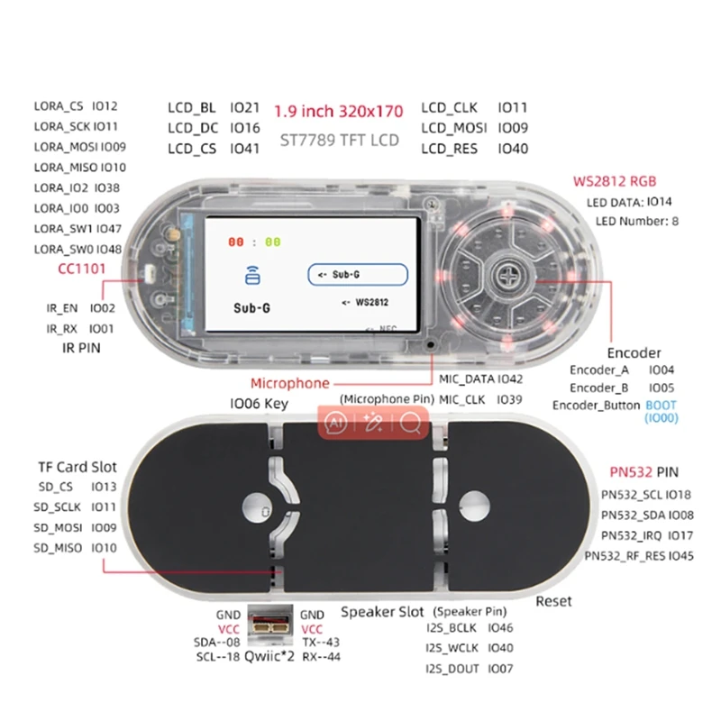 T-Embed ESP32-S3 CC1101 저전력 Sub-1 GHz RF 트랜시버 PN532 NFC RFID I2C 모듈 LCD 보드 내장 배터리 1300mAh-A86Z