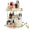 360 Degree Rotating Glass Makeup Organizer, Large Cosmetics Storage Display Holder with Gold Trim for Vanity, Clear Makeup 1