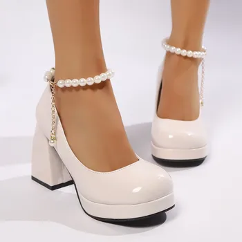 الربيع والخريف أنيقة بلون مثير مأدبة اللؤلؤ عالية الكعب أحذية واحدة عصرية جديدة مريحة أحذية نسائية 2