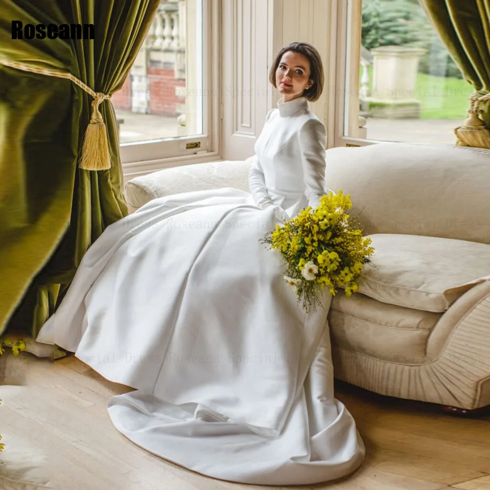 Muslim Exquisite A-line Wedding Dresses High Collar Belt Draped Pleat Brush Train Satin Bride Gown Floor Length robe de mariée 6