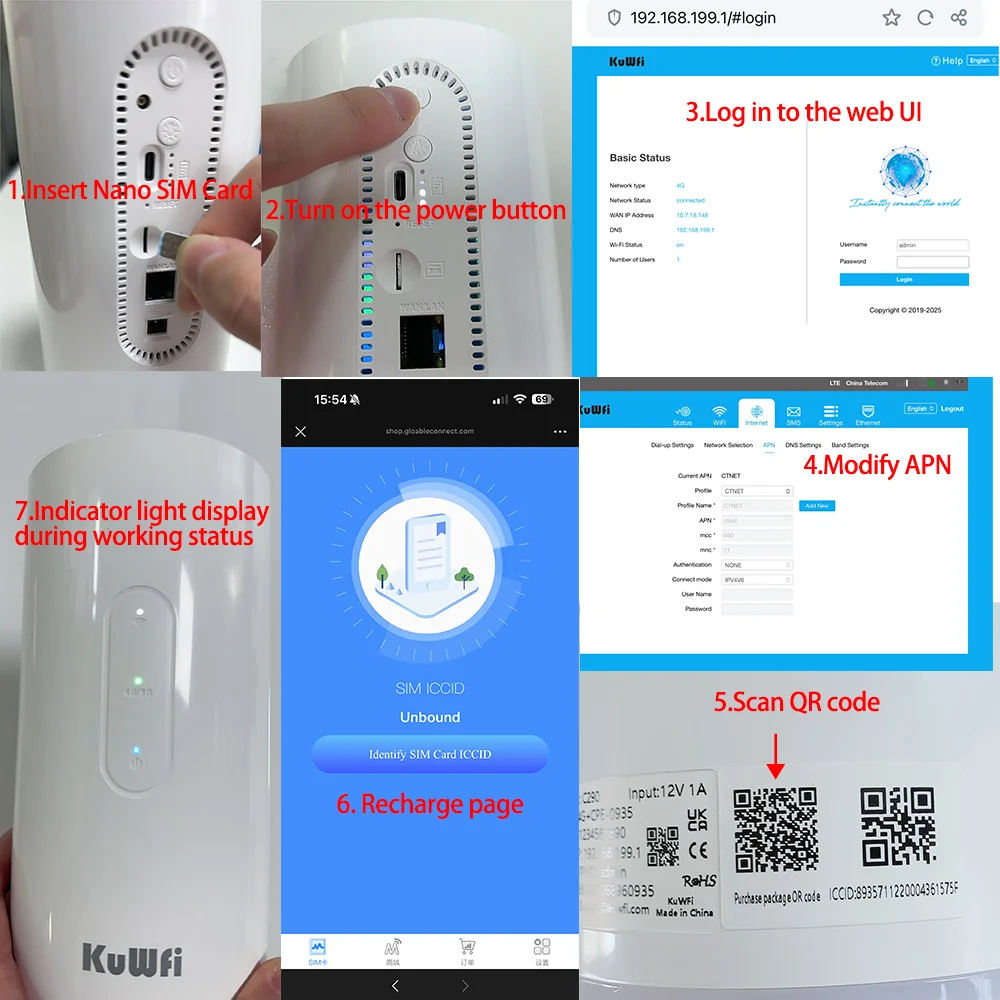 KuWFi Tragbarer CAT6 4G+ Router 1200Mbps 2,4GHz/5GHz Einzelner WLAN-Hotspot 10000mAh Akku LED-Beleuchtung LTE-Modem mit TS9-Anschluss – Detail 1