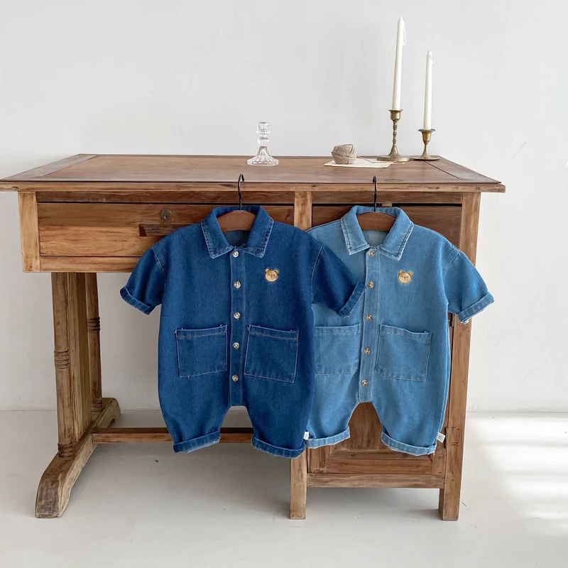 Korean Style Newborn Bodysuit Baby Jumpsuit Boy Girl Autumn Outdoors Bear Prints Denim Romper 0-2yrs 5