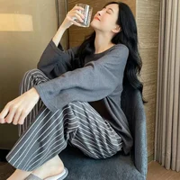 2PCS/Set Women Big Size with Chest Pads Pajamas Spring Autumn and Winter Long-Sleeved Headset Loose Homewear Can Be Worn Outside - Image 4