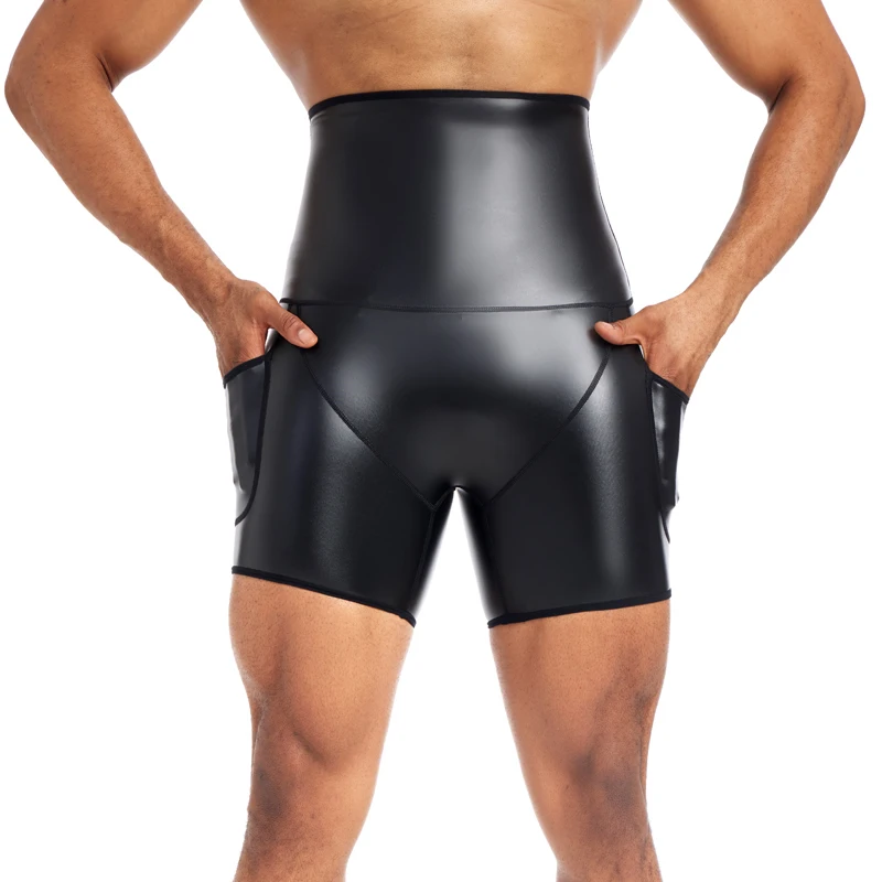 남성용 하이 웨이스트 반바지, 스트리트 러닝 스포츠 바지, 힙합 바지, 인조 가죽 복서 반바지, 젖은 룩, 슬림 팬츠, 클럽웨어