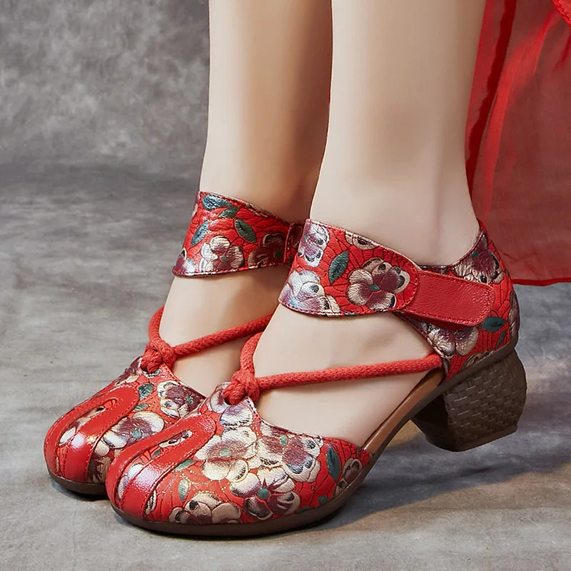 

Red Sandals Women 2023 New Ethnic Style Summer Embossed Thick Heel Soft Bottom Women's Sandals