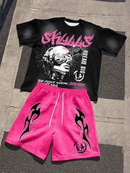 Summer men's fashionable breathable comfortable letter printed round neck T-shirt shorts set outdoor casual top 1
