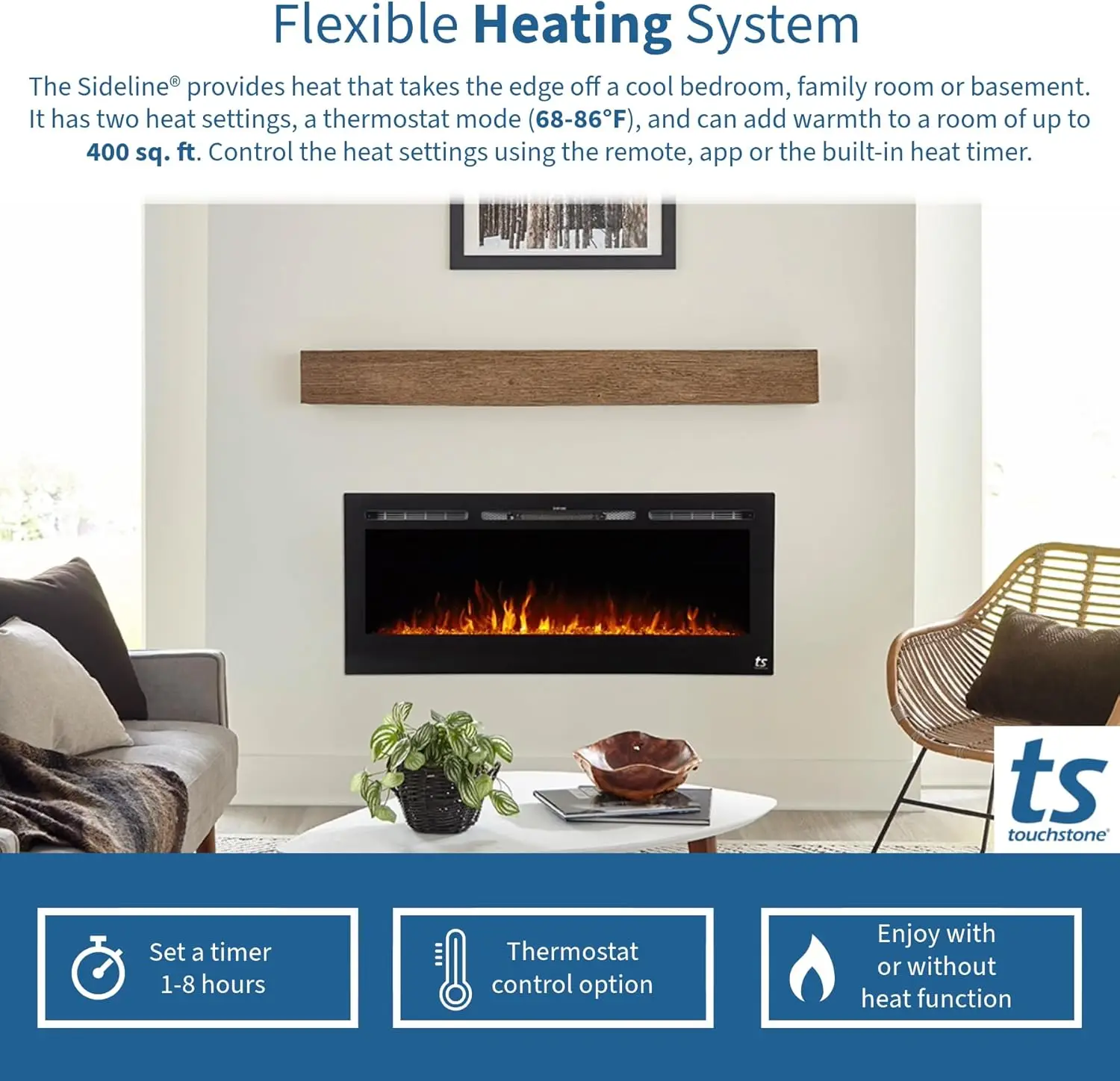 Smart Electric Fireplace - Border 50 "wide Wall Recessed 30 Realistic EmberColorsFlame Options 1500w Heater W/Thermostat - Black 6