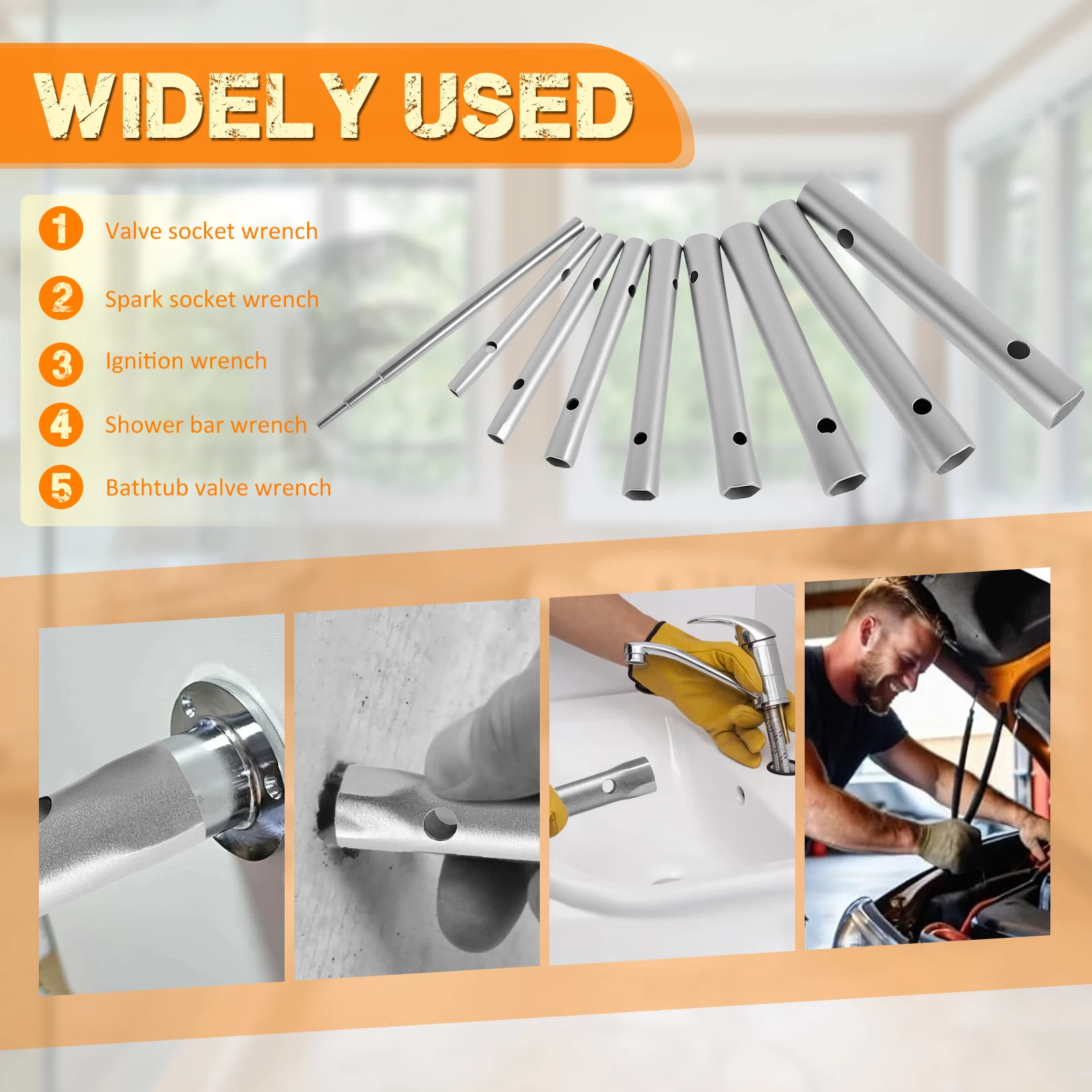 9/10 Pcs Shower Valve Socket Wrench Set Carbon Steel Plumber Socket Wrench Double-Ended Tubular Spanner Set Spark Plug Removal