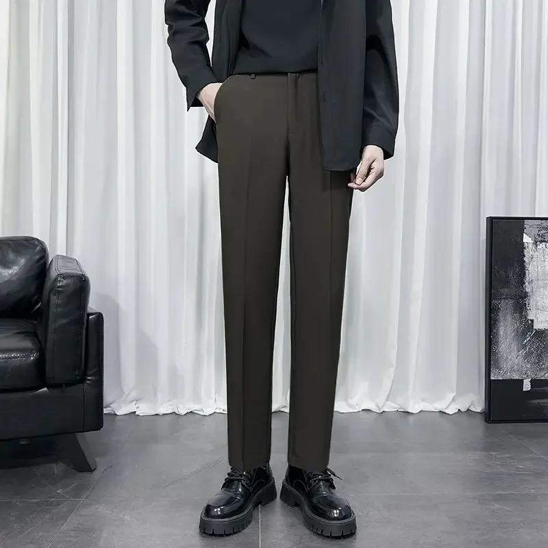 thumbnail image 1 of Pantalones de traje para hombre color caqui, pantalones ajustados con diseño trenzado para hombre, ropa marrón de primavera, sastrería, licra, vestido, clásico, novedad en el diseñador, 1 of 5