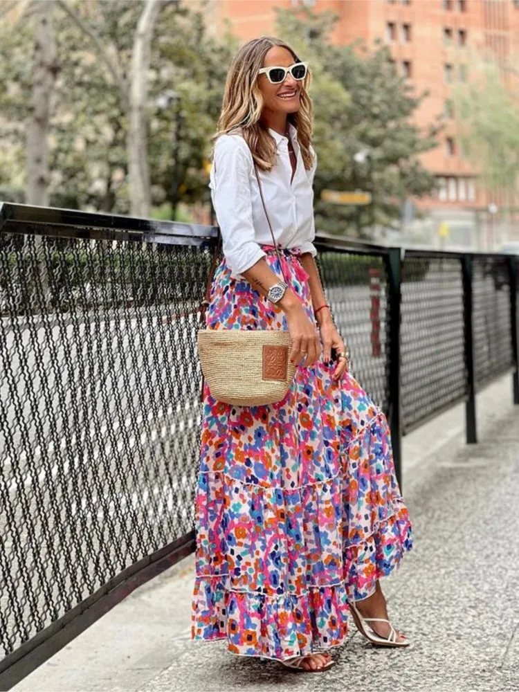 SimpleFun Faldas Largas Para Mujer, Estilo Bohemio, Floral, Cintura Alta, Dobladillo Asimétrico, Falda Midi, Floral9, XL