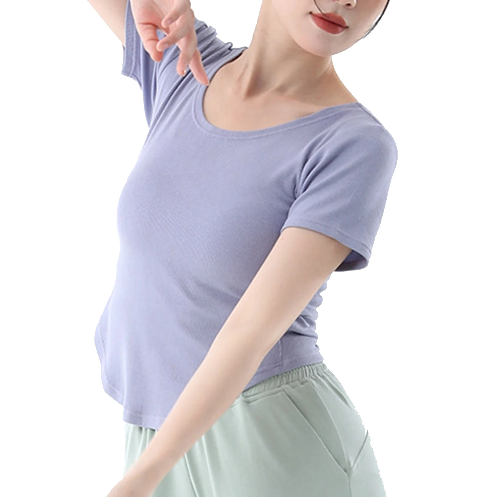 Womens Ballet Warm Up Training V-neck Dance Tops Solid Color Irregular Hem Short Sleeve Yoga Crop Top for Gymnastics Fitness
