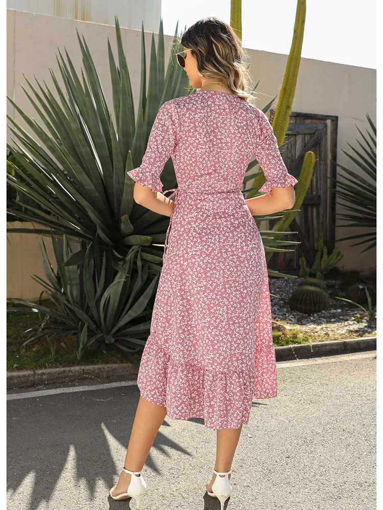 Puff Sleeve Boho Dress Summer Women Floral Printed Holiday Beach