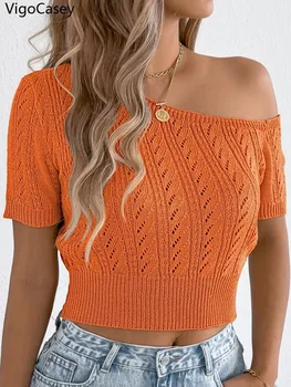 VigoCasey 2026 Lady Summer Sexy Bodycon Short Top Women Casual Hollow Knit T-shirt Off Shoulder Short Sleeve Club Tops Clothes 1