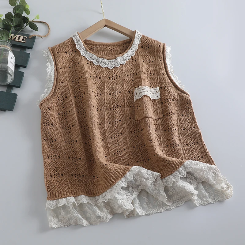 

Early Autumn Sweet Mori Style Lace Spliced Sweater Vest Women Sleeveless Top 23C130