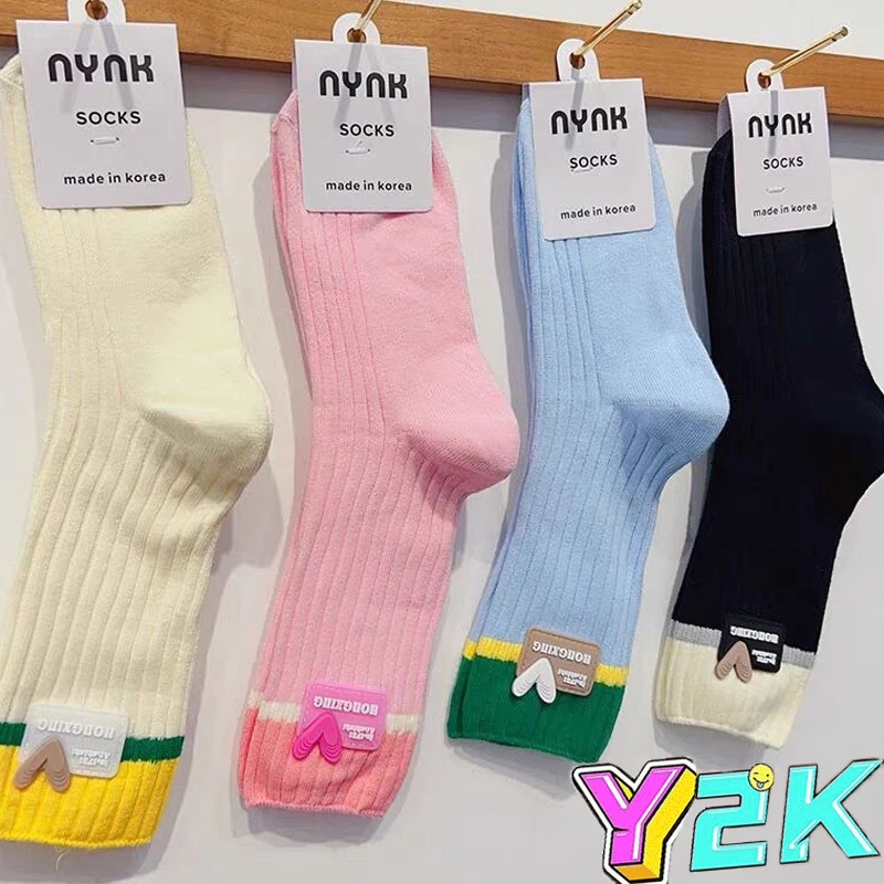 

1/4pairs Dopamine Color Love Letters Socks Women Y2K Pink Sweet Girls Casual Cotton Middle Tube Stocking Lovely Crew Sock