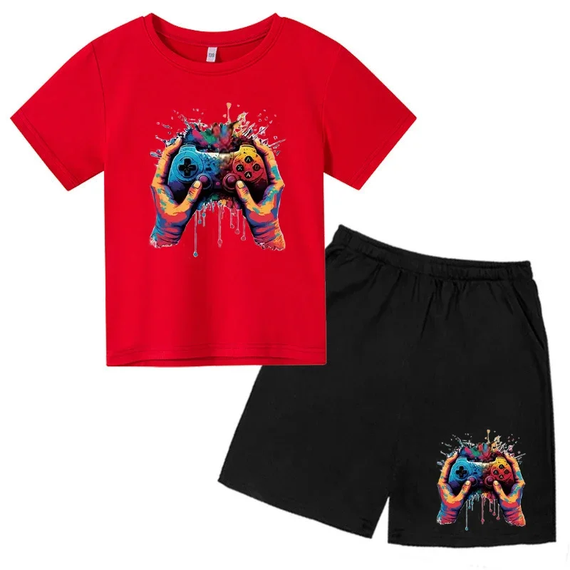 thumbnail image 1 of Conjunto de camiseta y pantalones cortos con estampado de máquina de juego de arte de grafiti para niños, moda de verano, informal, de manga corta, para niños y niñas, 1 of 5