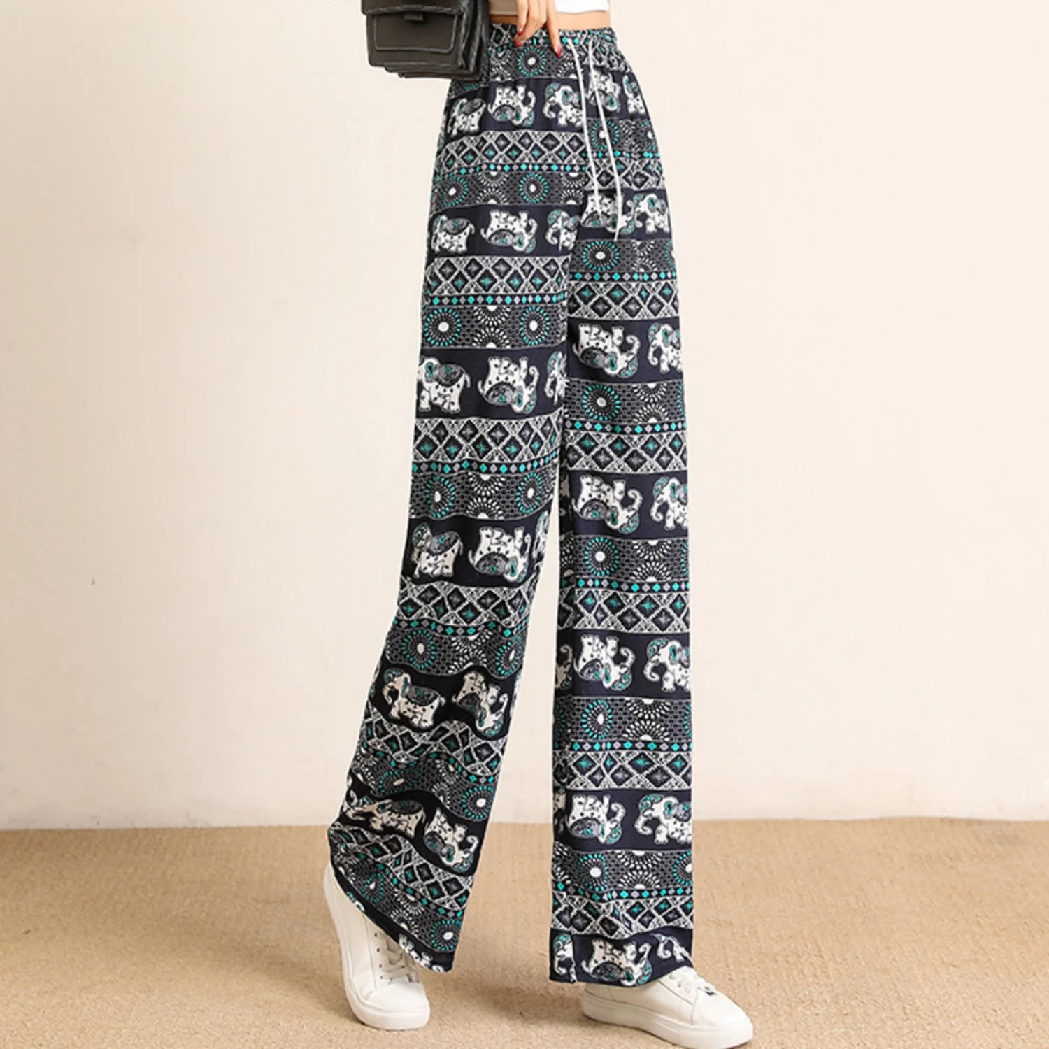 

2023 National Style New Fashion Brand Women Casual Floral Printed Pants Ladies Vintage Wide Leg Pants Spring Baggy Bottoms