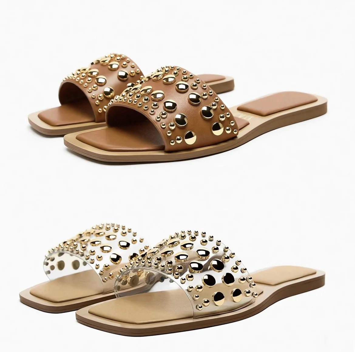 

ZA2023 New Summer ZA Flat Bottom Square Head Riveted Sandals for Women's Outwear Versatile Casual Soft Sole Slippers