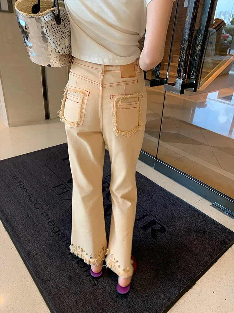 

Women Hand-Beaded Bohemian Raw Trim Khaki Flare Jeans 2023 Summer New In
