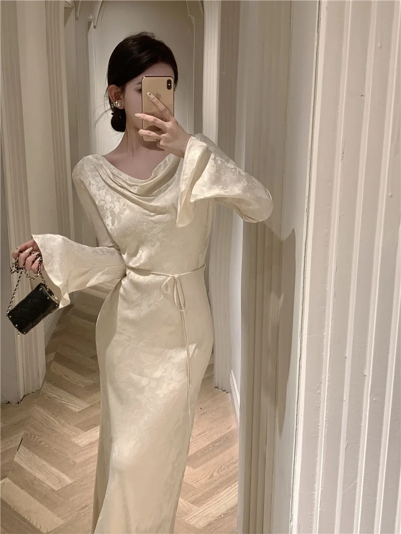 Autumn Bodycon Wedding Evening Dresses for Women Flare Sleeve Swinging Collar French Vintage Prom Robe Midi Vestidos Mujer New