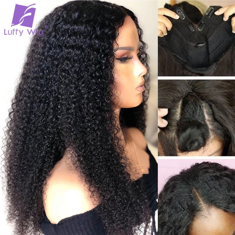 

Kinky Curly V Part Wig Human Hair No Leave Out 1x4 Middle V Part Glueless VPart Wig Brazilian Curly Wigs for Women 180 Density