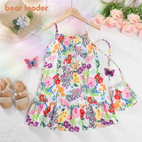 Bear Leader Children’s Wear 2023 Summer Girls’ Flower Print Sleeveless Strap Fashion Dress Girls’ Kids Beach Holiday Print Dress