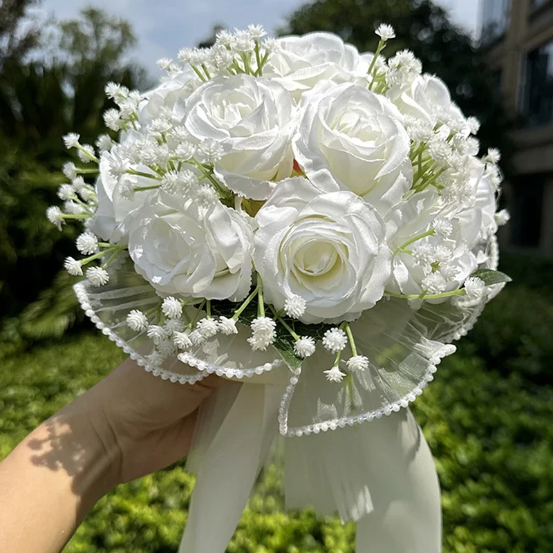 Wedding Bouquets for Bride Artificial Rose Bouquet Silk Bride Hand Holding Pearl Lace Flower Bouquet for Valentines Day Decor wedding bouquets artificial rose flowers wedding flower decoration