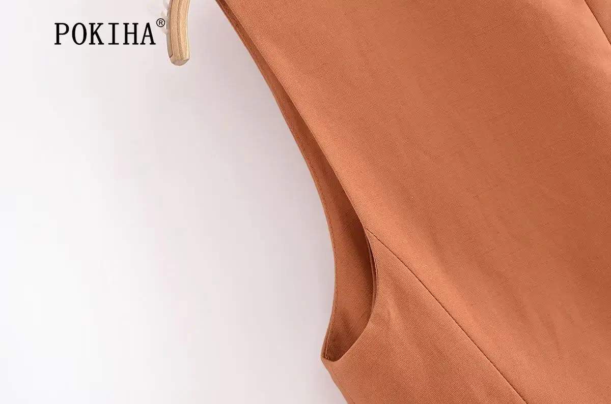 Pokiha Fashion Women Vintage Linen Front Buttons Cropped Waistcoat And Elegant Mid Waisted Midi Dress Female Chic Two_voghion.com