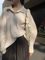 Miyake Pleated Long Sleeved Plus Size Women's Casual Style Polo Collar Loose Top - Image 2