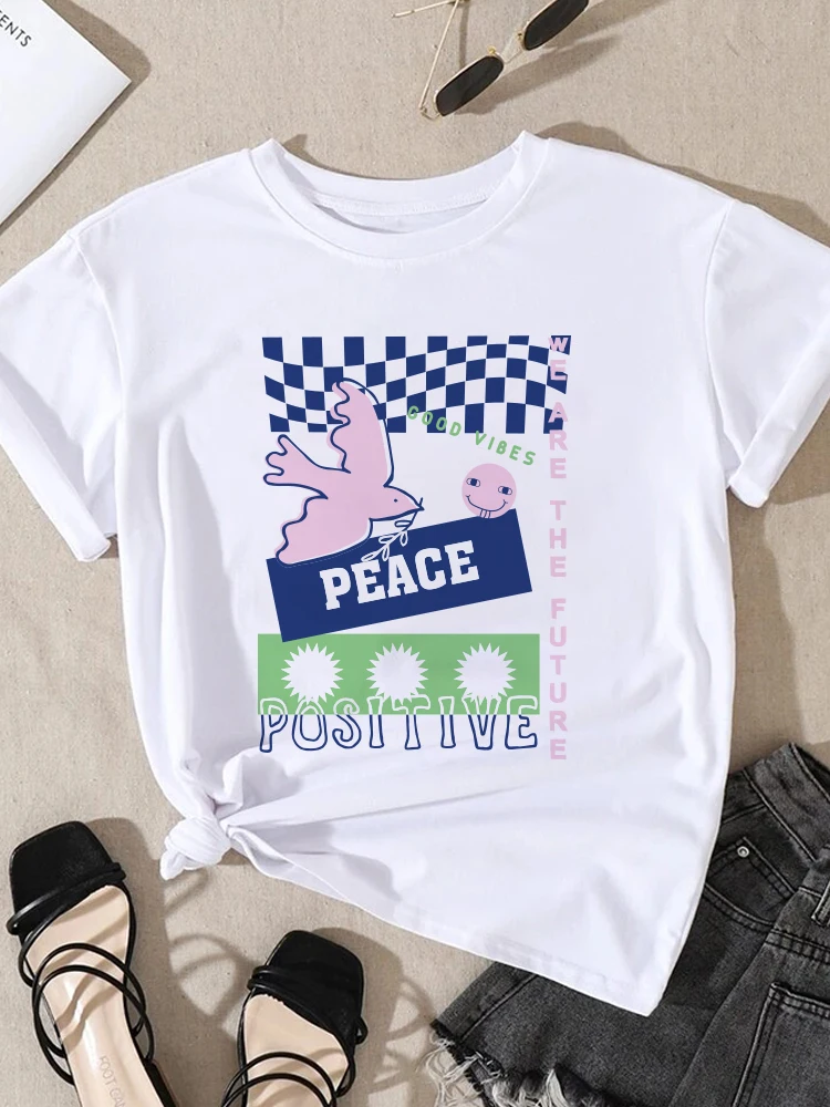 

Fashion Women Letter Peace Graphic Print Tshirts Casual Funny Short Sleeve Crewneck Woman Soft T-shirts Tees Female Daily Tops