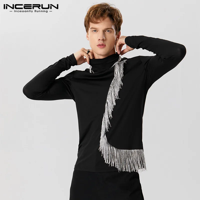 

Красивые хорошо облегающие Топы INCERUN, мужская Трикотажная футболка с блестящей бахромой, мужские эластичные облегающие футболки с длинным рукавом и полувысоким воротником