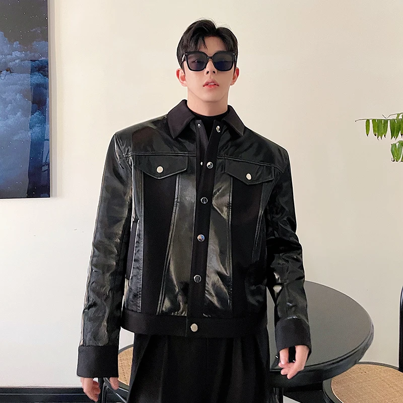 Spring Splice Leather Coat Men Casual Street Fashion Vintage Short