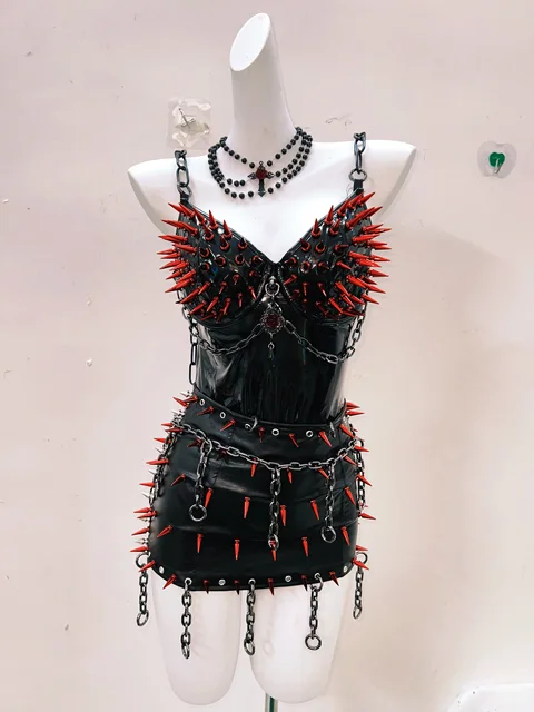 Red Spikey Chain Top and Skirt Set 6