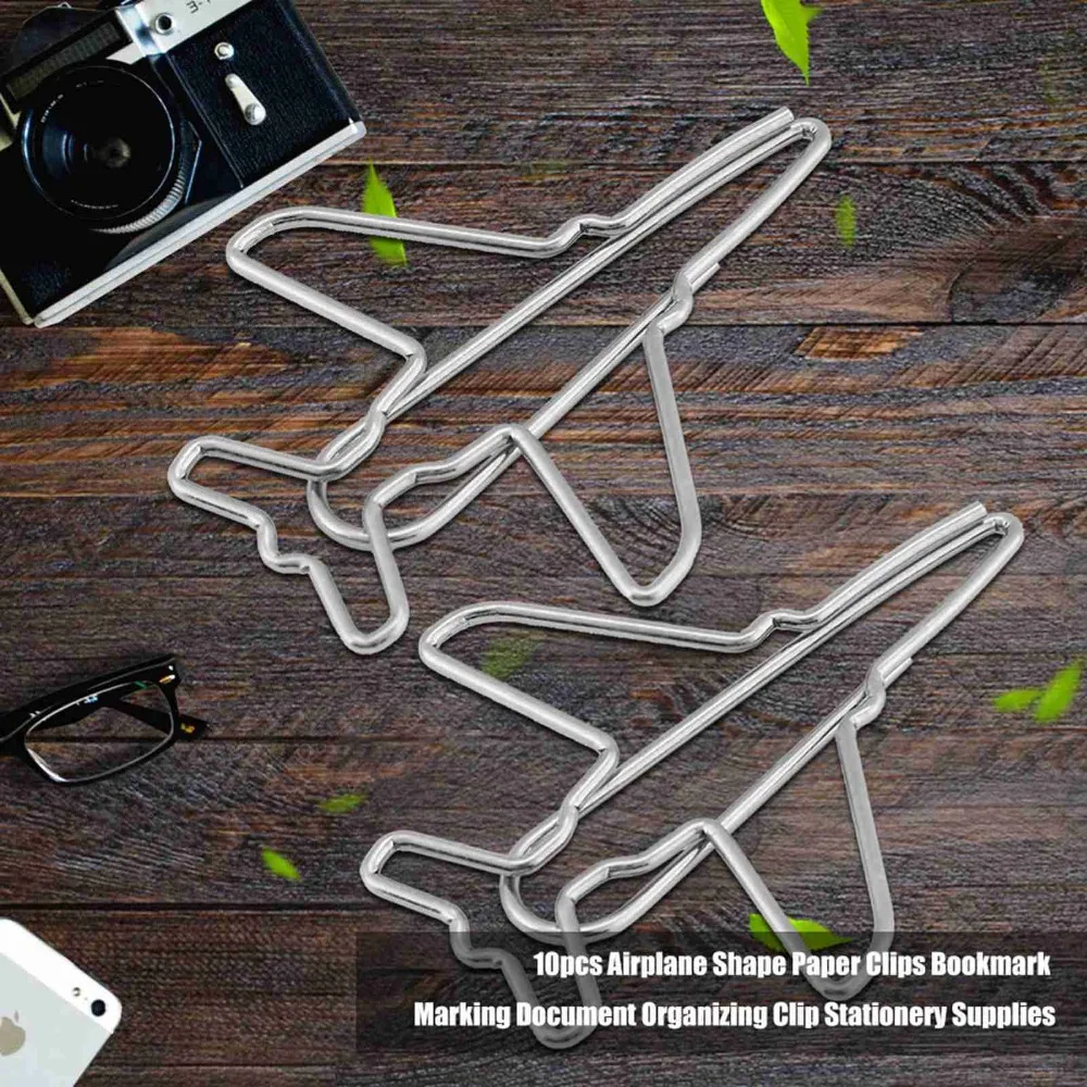 10pcs Pclip 비행기 비행기 종이 클립 스테인레스 스틸 실버 종이 클립 메모 클립 귀여운 북마크 클립 사무실 사용