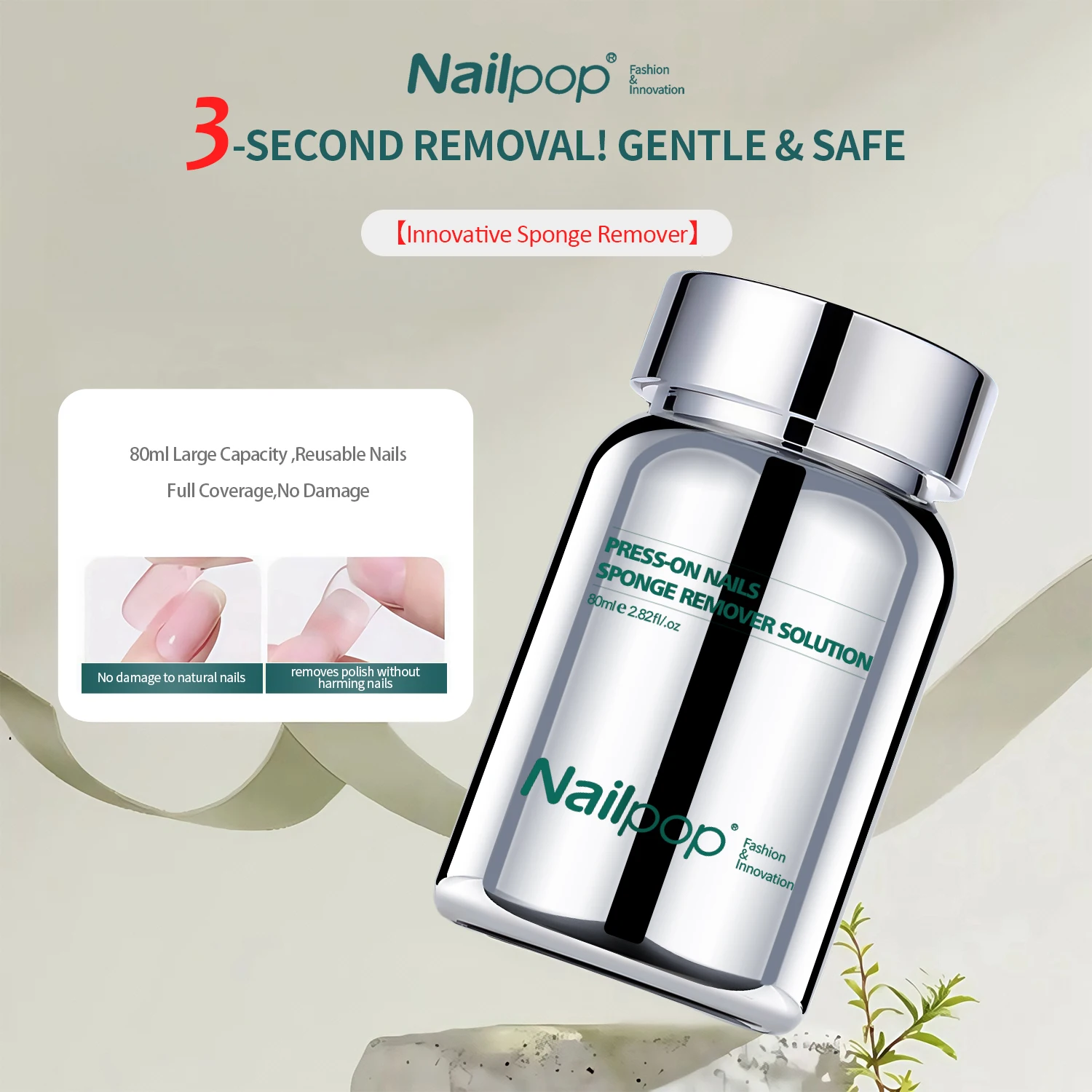 Nailpop Innovative Nail Sponge Remover 80ml Gentle No Damage Easy Press-on Nails Removal No Damage to Nail Tips Reduce Waste