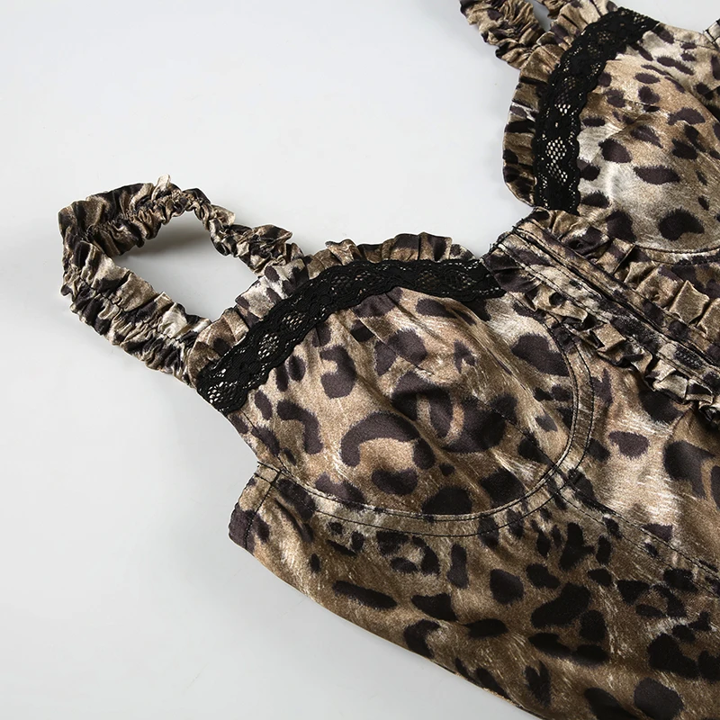 Y2K Leopard Print Square Collar Tank Top Lace Patchwork Lettuce Trim Hook Crop Tops Vintage Lady Fashion Streetwear