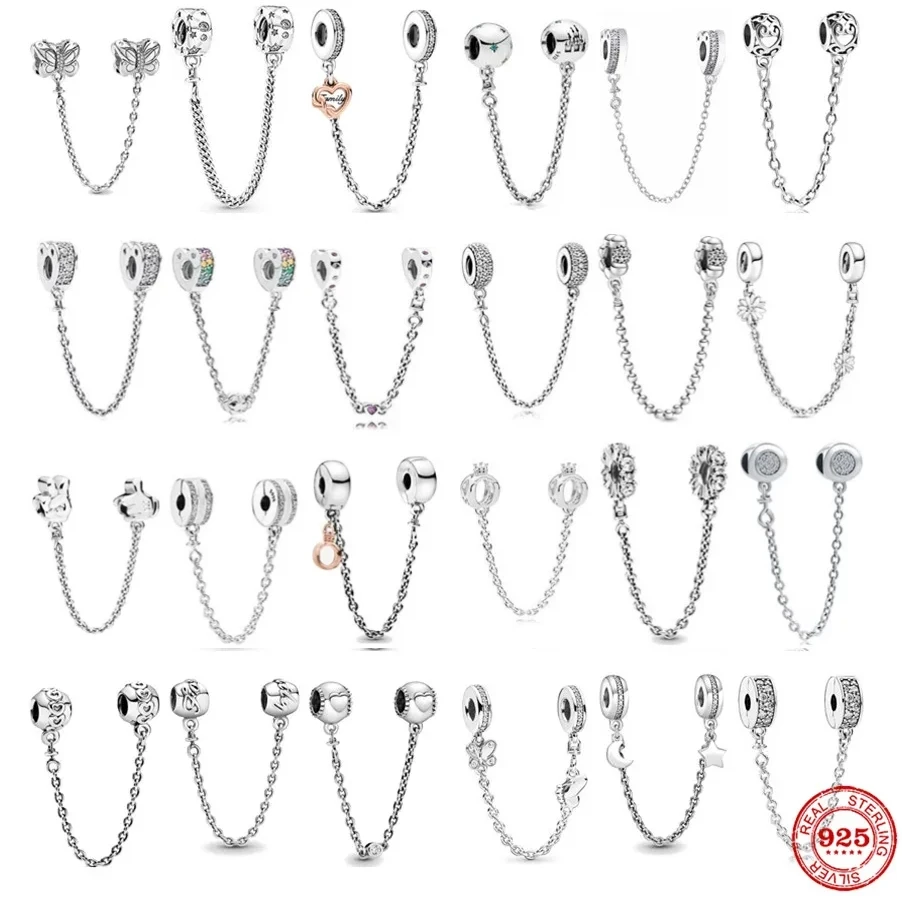 

925 Sterling Silver,family Tree Security Chain, Heart Shaped, Charm Bead, for Original Bracelets, Women's Safety Chain Jewelry