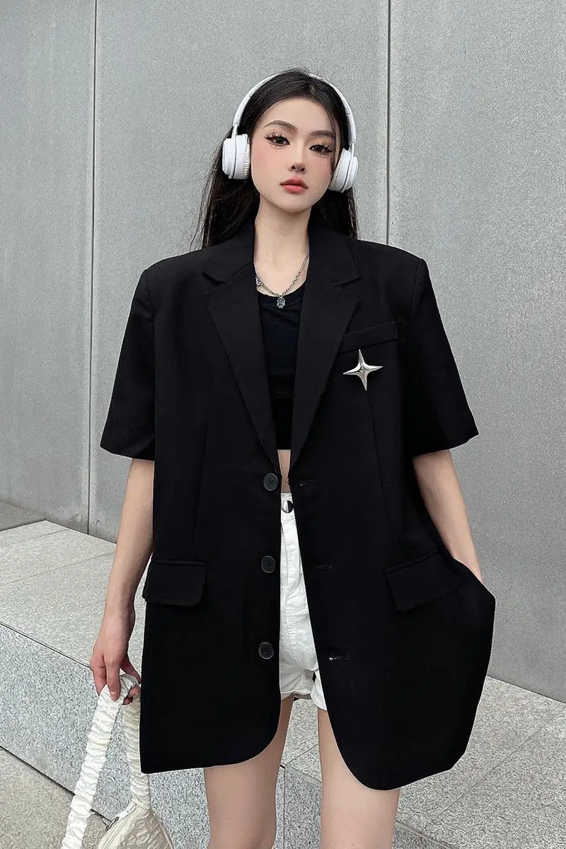 Leisure Single Breasted Loose Jacket Short Sleeves Women New Punk Gothic Fashion Balck Cardigan Summer Office Ladies Pocket Coat