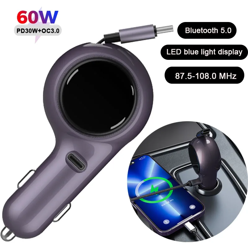 

Retractable Cable Car Charger 60W Smart Dual Fast Charge Cigarette Lighter USB Car Fast Charging Cable For IPhone Huawei Samsung