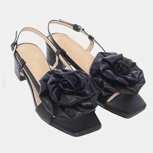 

Satin Flower Embellished Back Sandals Thick Heel Open Toe Buckle Versatile Roman High Heels Black Leather Women Shoes Sandalias