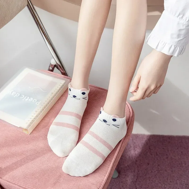 2024 New 5 Pairs Women's Short Tube Socks Pink Cat Thin Four Seasons Cute Boat Sockslow Top Ins Trendy Socks  Designer Socks