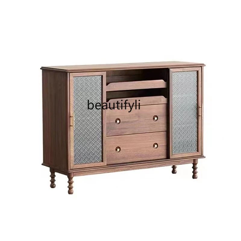 

Black Walnut Solid Wood Sideboard Living Room Storage Cabinet Simple American Retro Wine Cabinet Home