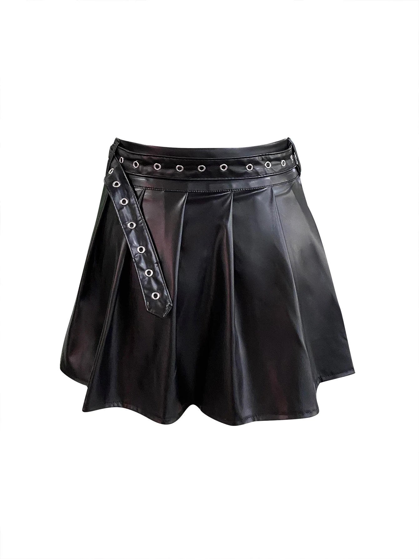 LW Faux Leather Belt Design Pleated Skirt Summer Pleated Mini Skirts Women Streetwear Black mini skrits A-line Clubwear dress