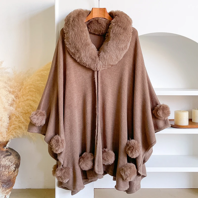 Winter New Thicken Women's Mink Wool Full Trims Faux Fur Cape - Hooded Loose Fleece Cloak Coat for Party Dress Wraps Warm