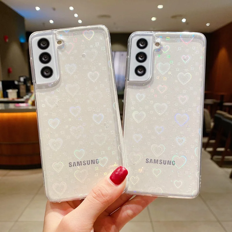 

Transparent Love Heart Laser Phone Case For Samsung S20 FE S21 Plus Note 10 20 Ultra A51 A71 A52 A12 A72 A50 A50S A20 A30 Cover