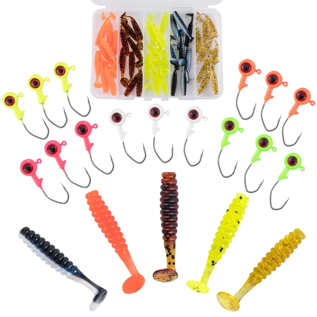 55pcs Crappie Lures Kit Soft Plastic Lure Paddle Tail Jig Head