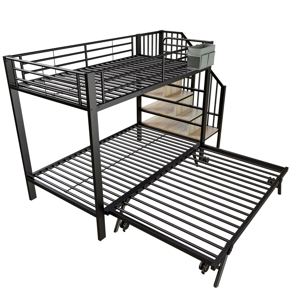 Schwarzes Metall-Eisenrahmen-Etagenbett 90×200 180×200cm Multifunktionales Ausziehbett mit Aufbewahrungstreppen & Stofftasche Platzsparend – Detail 13