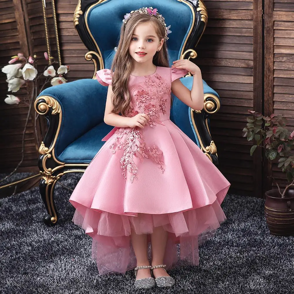 

Elegant Crew Neck Baby Princess Gown Embroidered Kid Beaded Clothing For 10 Year Child Western Style Tailed Girl Wedding Dress