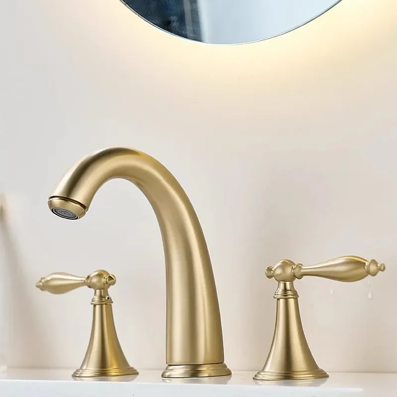 Brushed Gold Bathroom Faucet Total Brass  Basin Widespread Sink 3 Hole Hot And Cold Waterfall Water Tap